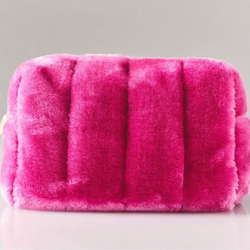 NWT Anthropologie Faux Fur Cosmetic Bag in Dark Pink.